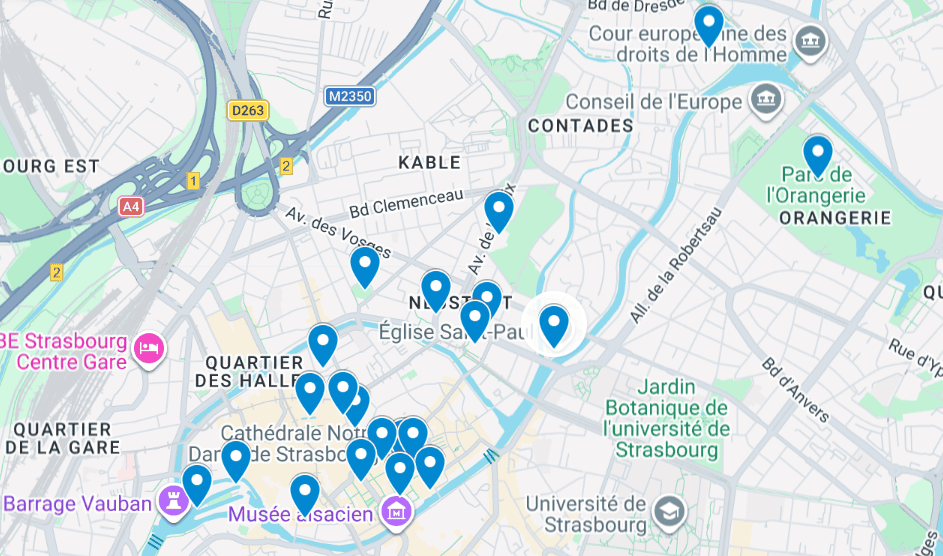 Mapa Strasburga z miejscami wartymi odwiedzenia