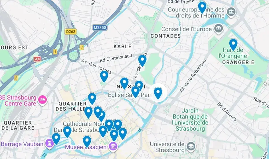 Mapa Strasburga z miejscami wartymi odwiedzenia